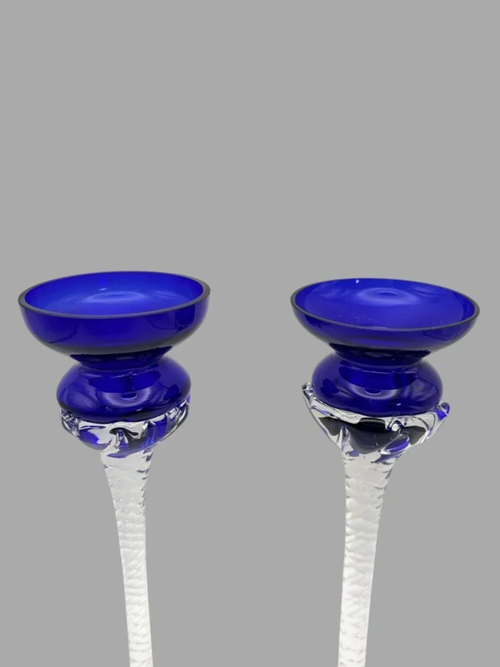 Vintage Romanian Hand Blown Art Glass Cobalt Blue Twist Stem Candle Holders Pair